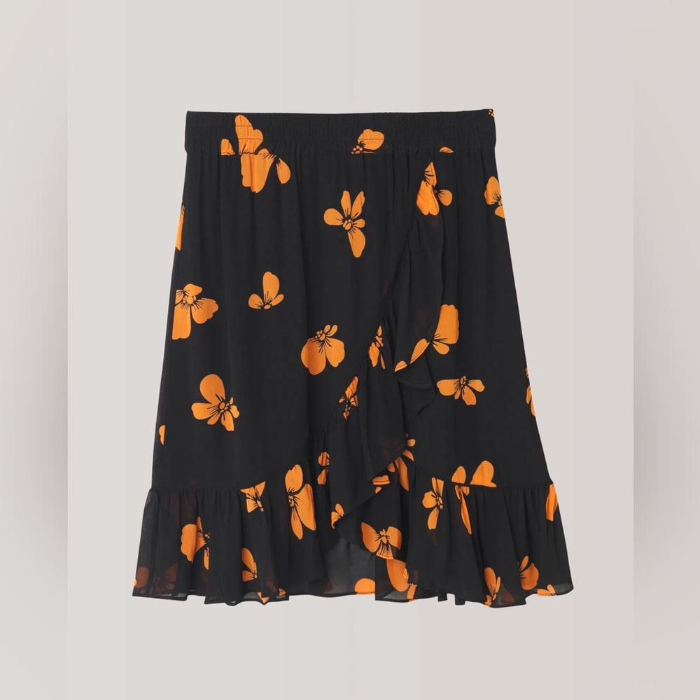 Ganni FAIRFAX FLORAL-PRINT GEORGETTE SKIRT IN BLACK Orange